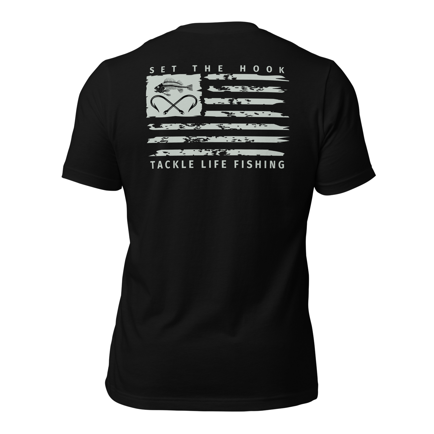 TLF Dirstressed Flag Pirate Logo Unisex T-Shirt -- Gray Chest Logo and Back Design on Black