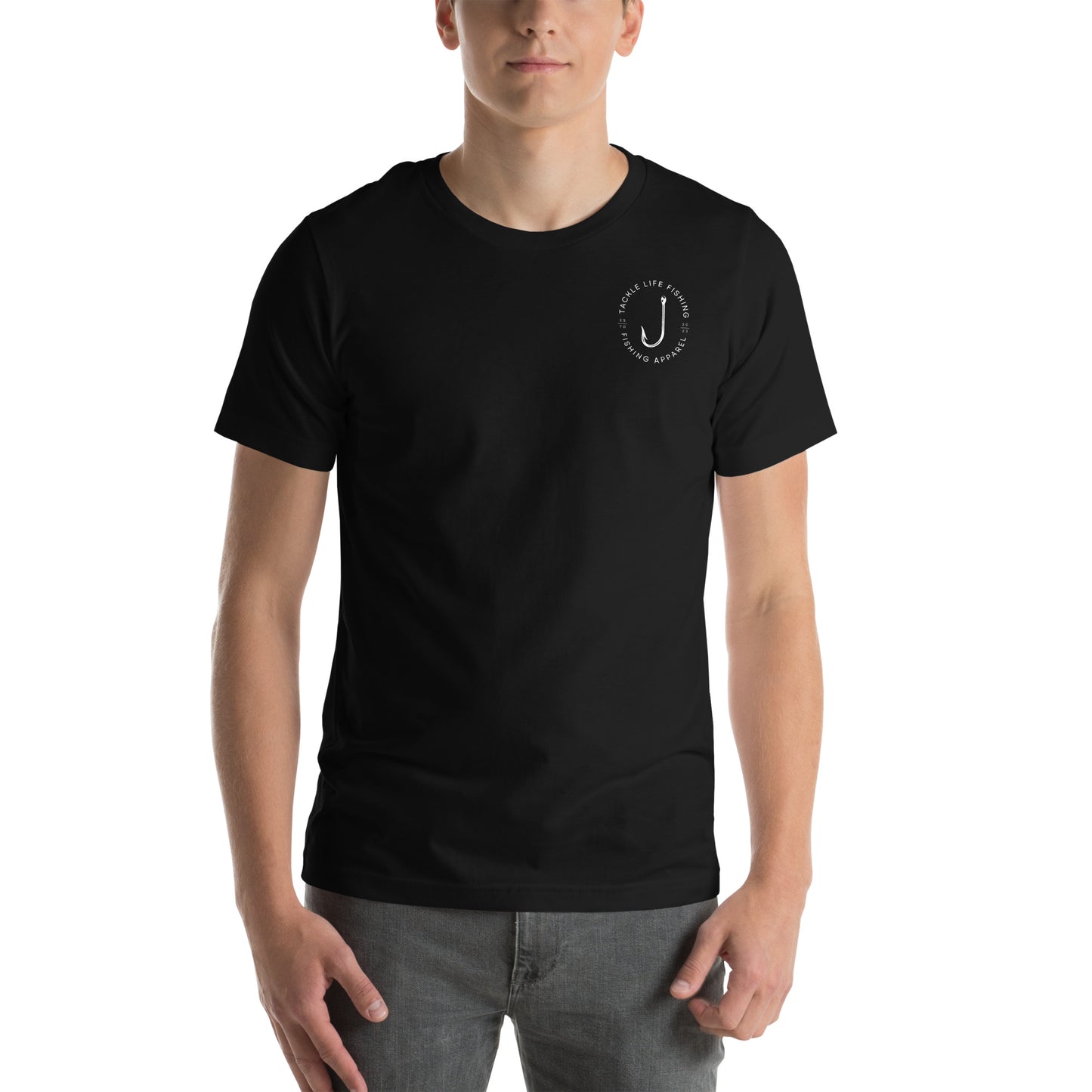 TLF Pirate Flag Unisex T-Shirt -- White Chest Logo with Back Design on Black