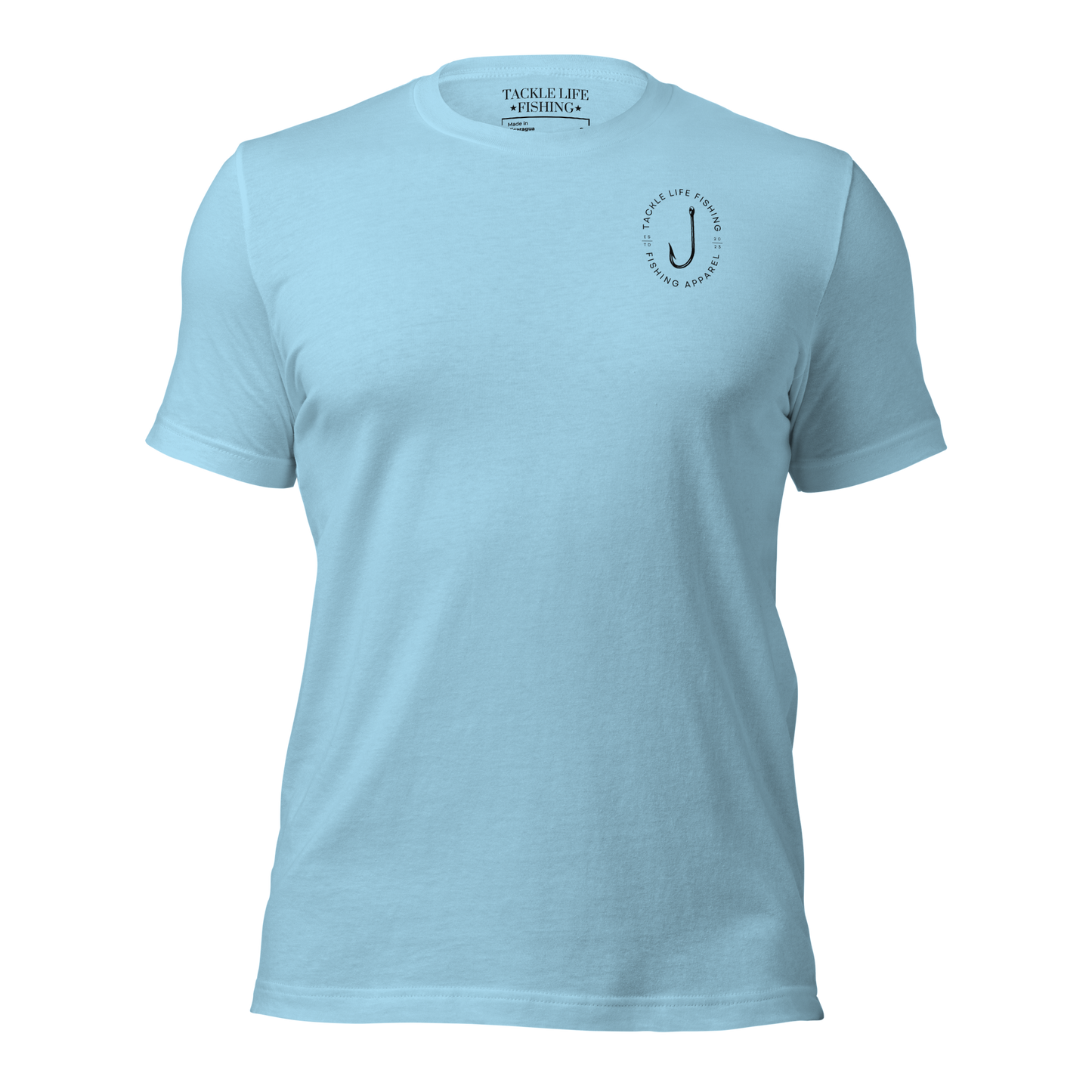 TLF Tuna Patch Unisex T-Shirt with Chest Logo on Yellow, Heather Prism Ice Blue, Ocean Blue, Soft Cream, or White