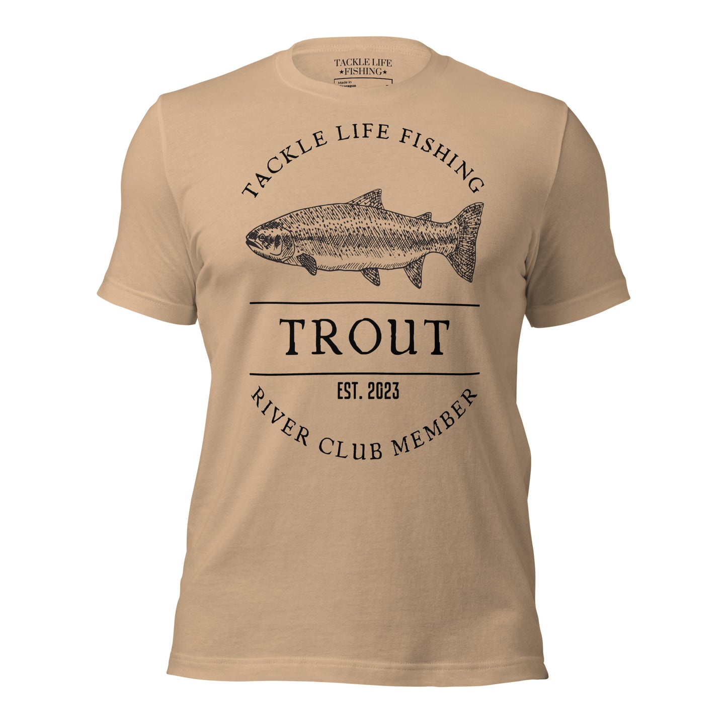 TLF Trout River Club Member T-Shirt -- Front Design on White, Athletic Heather, Tan, Pebble, Toast, Autumn, or Olive