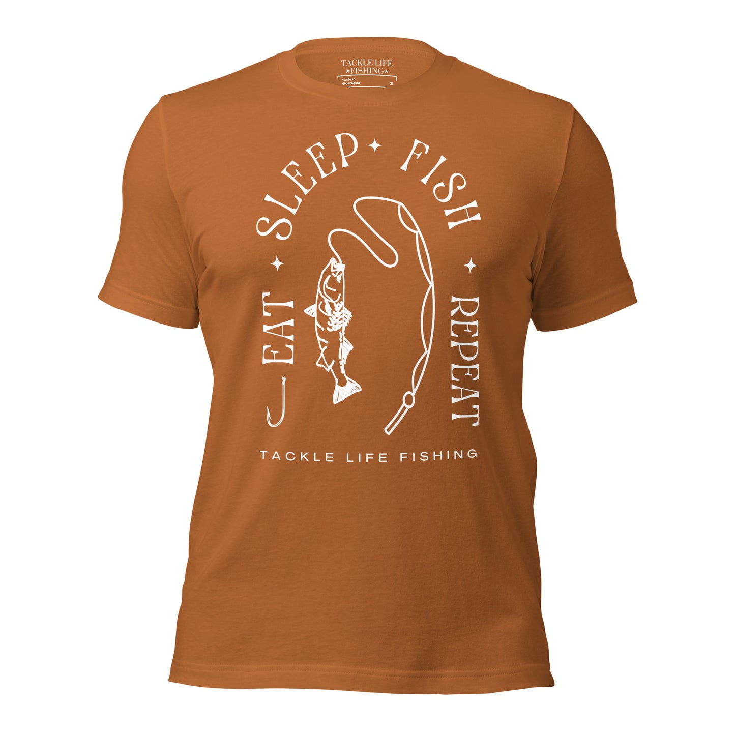 TLF Fishing Habits Boho Unisex T-Shirt -- White Design on Black Heather, Olive, Autumn, Toast, Burnt Orange, Heather Orchid, Mustard, Tan, Heather Prism Mint, Athletic Heather, Soft Cream