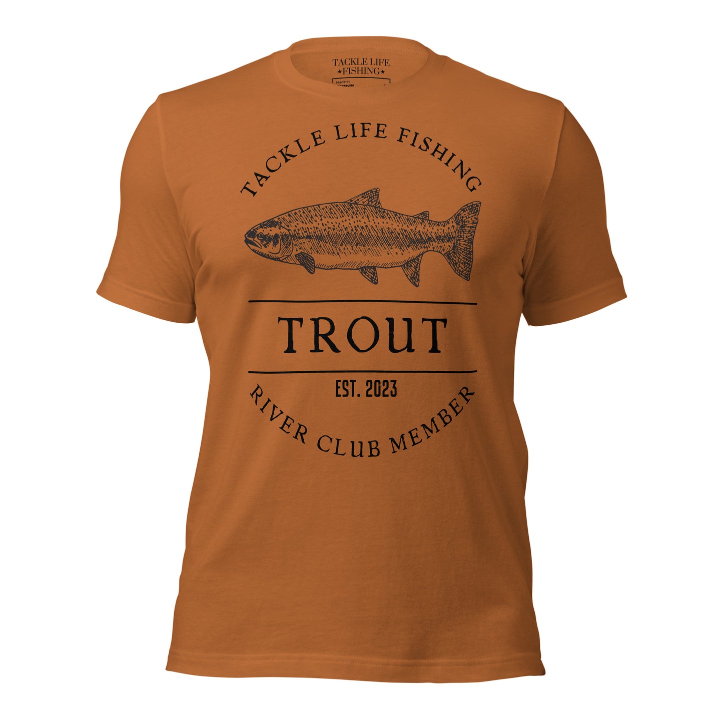 TLF Trout River Club Member T-Shirt -- Front Design on White, Athletic Heather, Tan, Pebble, Toast, Autumn, or Olive