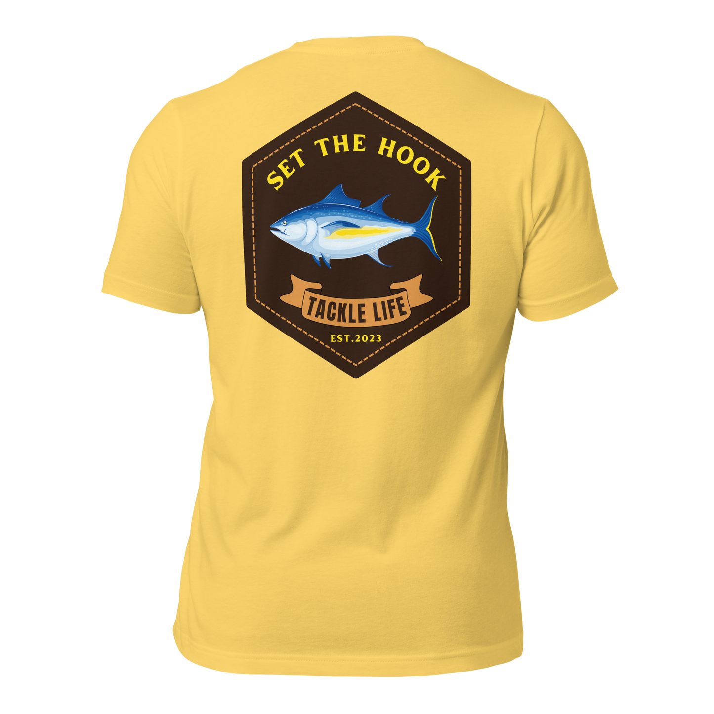 TLF Tuna Patch Unisex T-Shirt with Chest Logo on Yellow, Heather Prism Ice Blue, Ocean Blue, Soft Cream, or White