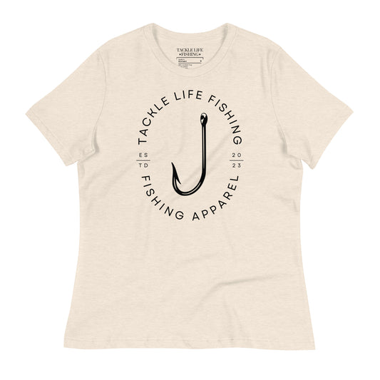 TLF Flagship Logo Women's Relaxed T-Shirt -- Black Logo on Heather Prism Natural, Heather Blue Lagoon, Heather Prism Lilac, or Pink